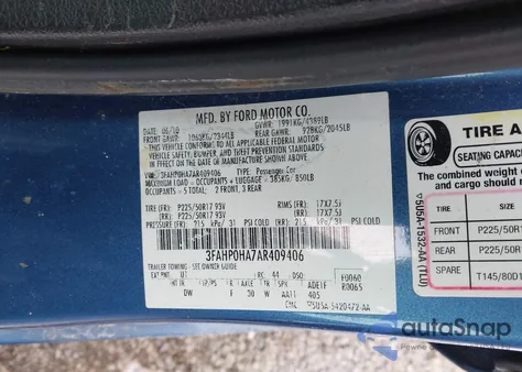 2010 Ford Fusion Se z USA, uszkodzony, nr VIN 3FAHP0HA7AR409406